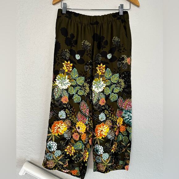 Loft Coral Springs Wide Leg Sateen Olive Green Pants Preppy Colorful Floral Fall - Picture 3 of 9